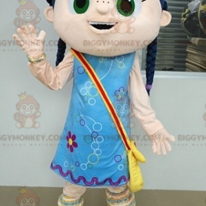 BIGGYMONKEY™-mascottekostuum met vlechten en blauwe jurk voor