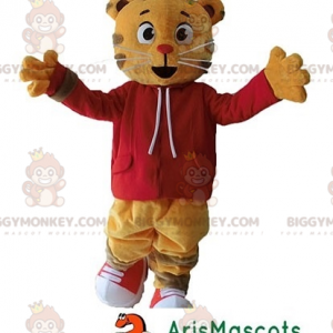 Στολή μασκότ με πορτοκαλί γάτα Tiger BIGGYMONKEY™ με κόκκινο