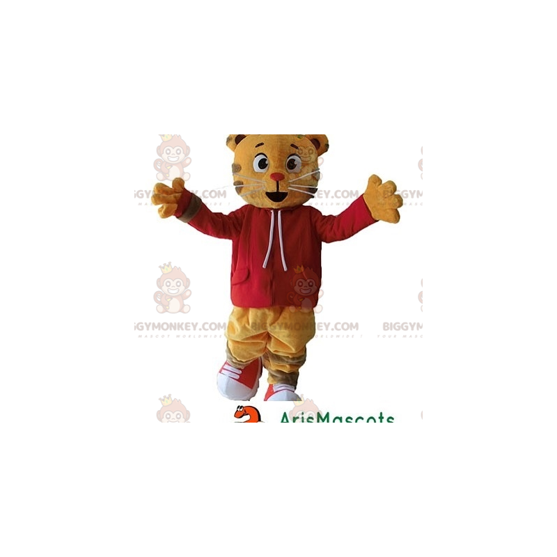 Traje de mascote laranja gato tigre BIGGYMONKEY™ com suéter