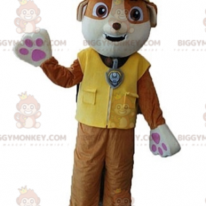 Brun og hvid hund BIGGYMONKEY™ maskotkostume med gul vest -