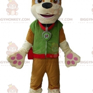 Ruskea koiran BIGGYMONKEY™ maskottiasu vihreään asuun -