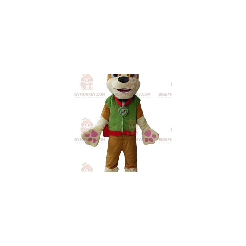 Bruine hond BIGGYMONKEY™ mascottekostuum gekleed in groene