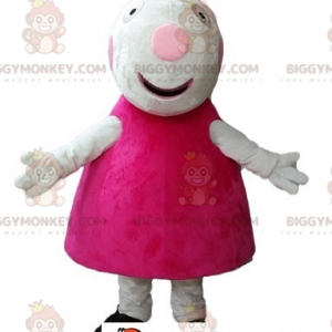 BIGGYMONKEY™ Hvid grisemaskotkostume iført lyserød kjole -