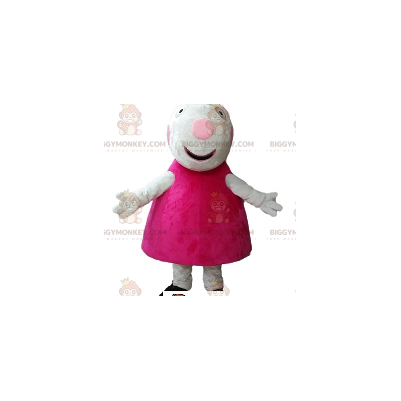 BIGGYMONKEY™ White Pig Mascot Costume Wearing Pink Dress -