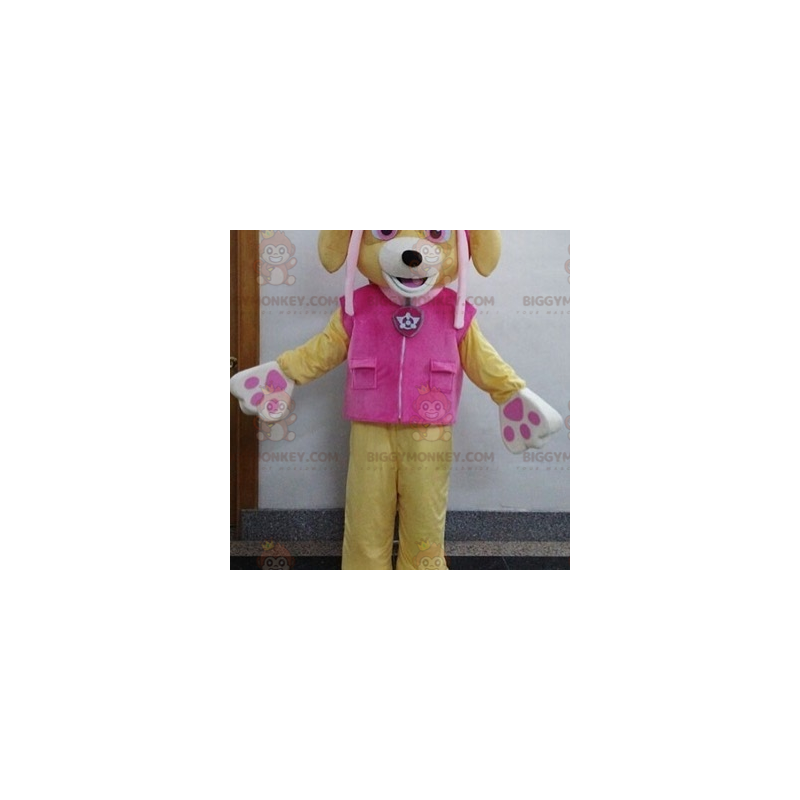 Kostium maskotka BIGGYMONKEY™ beżowy pies z różowym strojem -