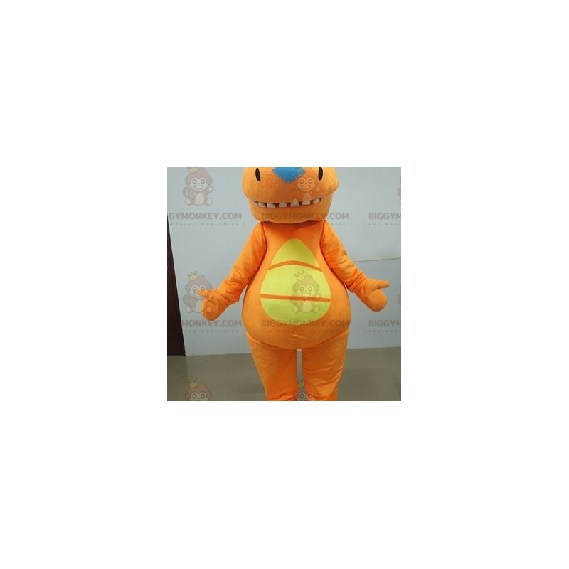 Costume mascotte BIGGYMONKEY™ dinosauro arancione e giallo.