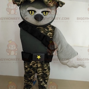 Traje de mascote de coruja BIGGYMONKEY™ vestido como soldado