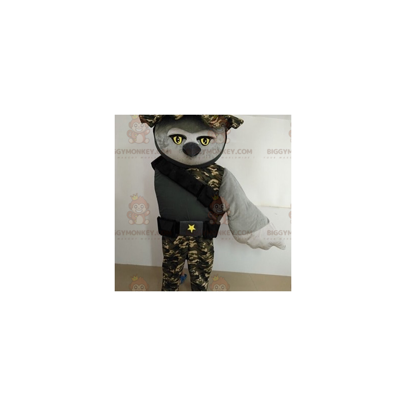 BIGGYMONKEY™ Owl Mascot Costume Dressed As Military Soldier -