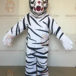 Kostým maskota BIGGYMONKEY™ Bílý tygr s černými pruhy –