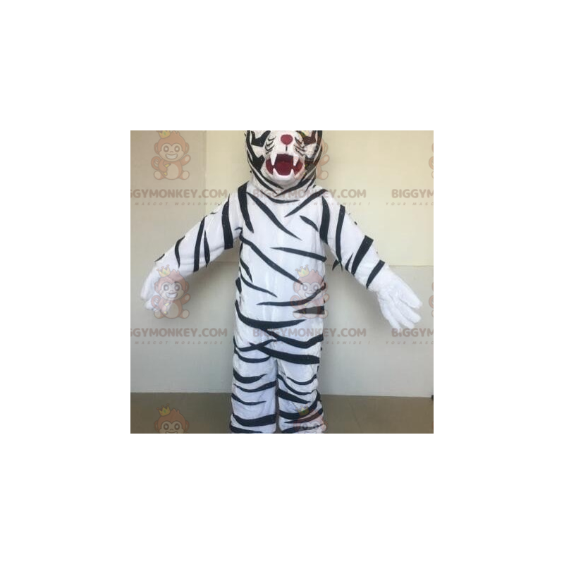BIGGYMONKEY™ maskottiasu, valkoinen tiikeri mustilla raidoilla