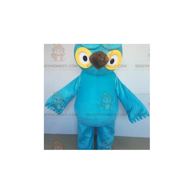 Traje de mascote BIGGYMONKEY™ Coruja azul e amarela gigante com