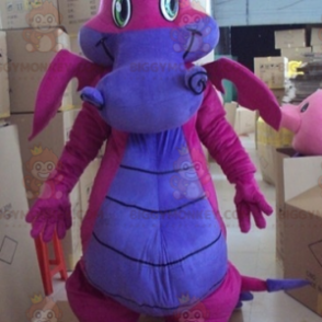 Traje de mascote de dragão azul e roxo muito bonito e colorido