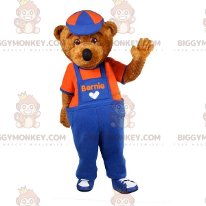 Brown Teddy BIGGYMONKEY™ Mascot Costume Dressed In Overalls -
