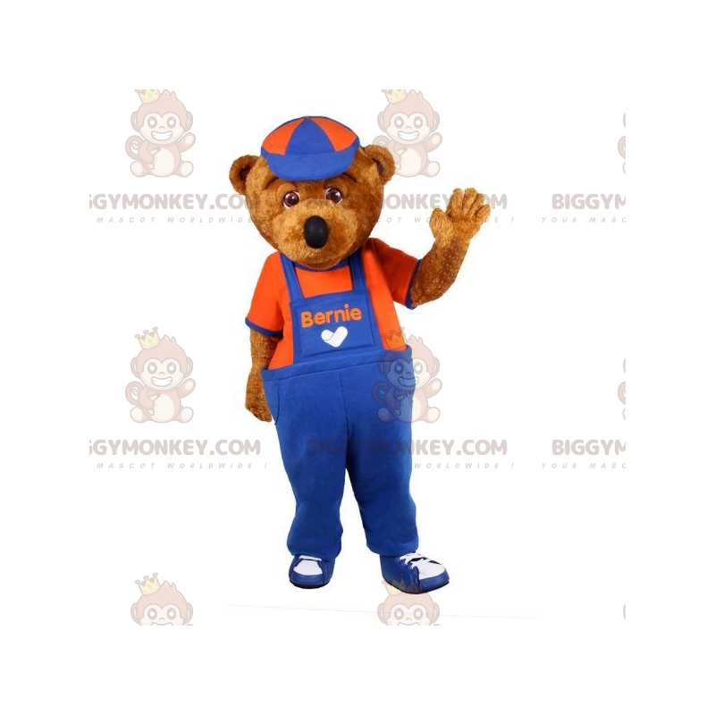 Bruin Teddy BIGGYMONKEY™ mascottekostuum gekleed in overall -