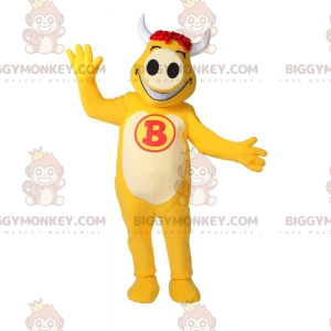 Velmi veselý kostým žlutobílé krávy BIGGYMONKEY™ maskota –