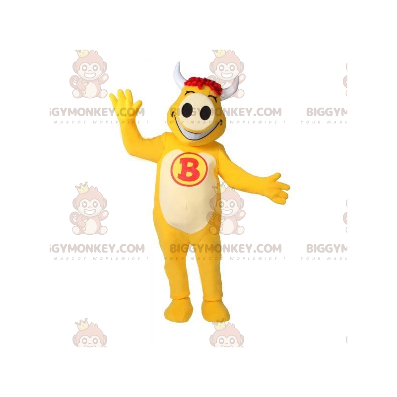 Costume de mascotte BIGGYMONKEY™ de vache jaune et blanche très