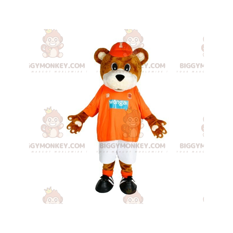 Traje de mascote BIGGYMONKEY™ de urso marrom e branco em roupas