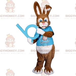 Brun og hvid kanin BIGGYMONKEY™ maskotkostume med blåt outfit -