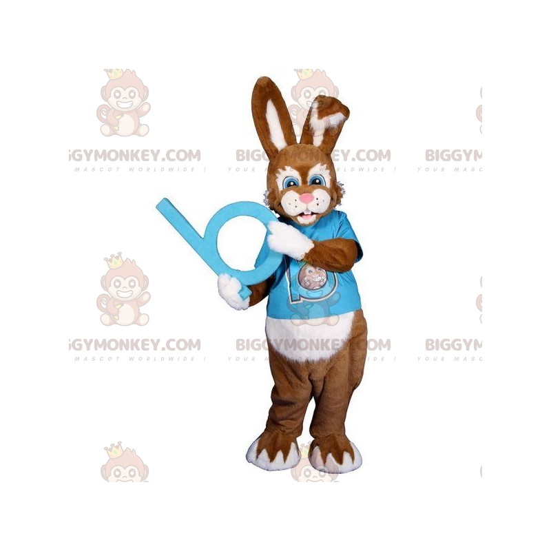 Kostým hnědobílého zajíčka BIGGYMONKEY™ maskota s modrým