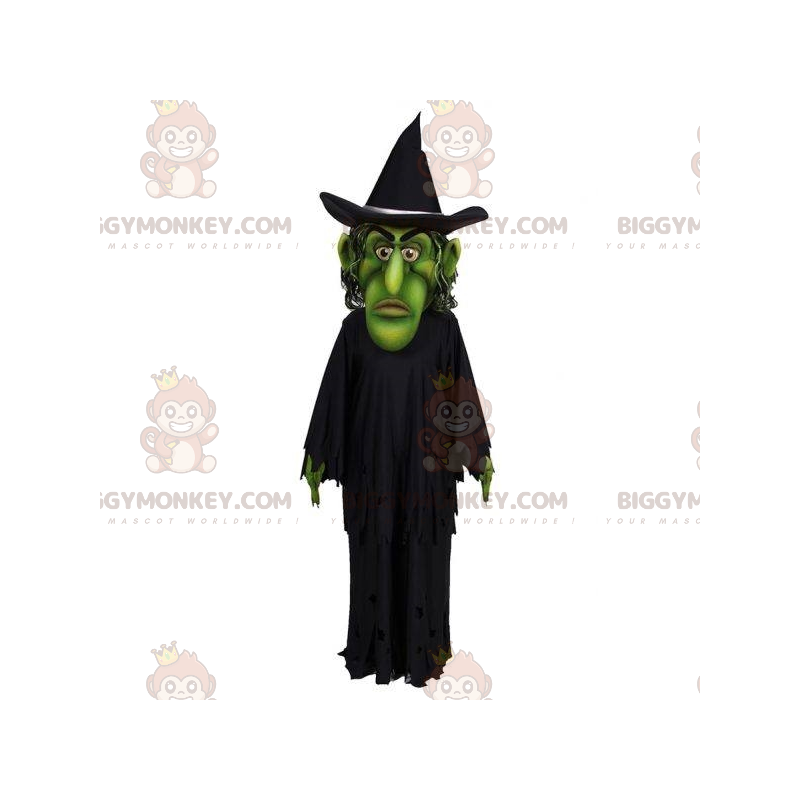 Disfraz de mascota de bruja verde BIGGYMONKEY™ vestida de negro