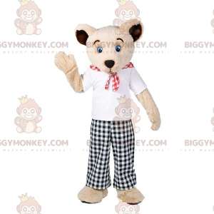 Beige Teddy Bear BIGGYMONKEY™ Mascot Costume with Plaid Outfit