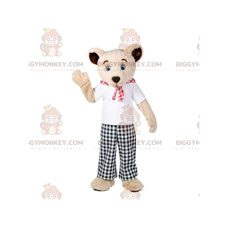 Beige bamse BIGGYMONKEY™ maskotkostume med plaidoutfit -