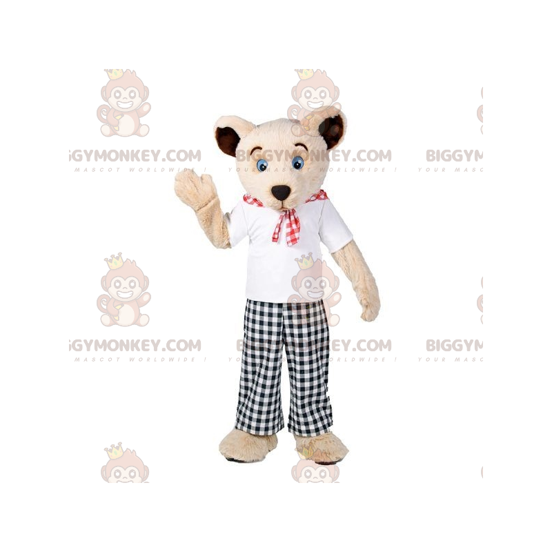 Beige Teddy Bear BIGGYMONKEY™ Mascot Costume with Plaid Outfit