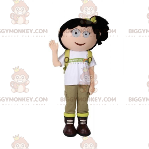 Girl BIGGYMONKEY™ mascot costume with backpack. Hiker