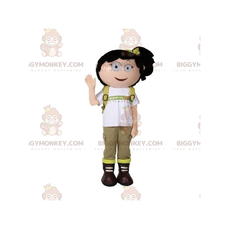 Girl BIGGYMONKEY™ mascot costume with backpack. Hiker