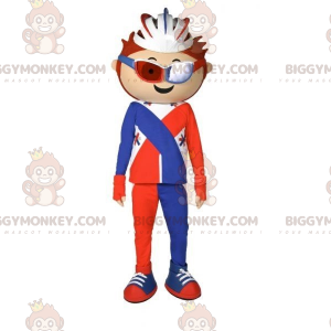 Bicyclist BIGGYMONKEY™ Mascot Costume Dressed Up in Orange Blue