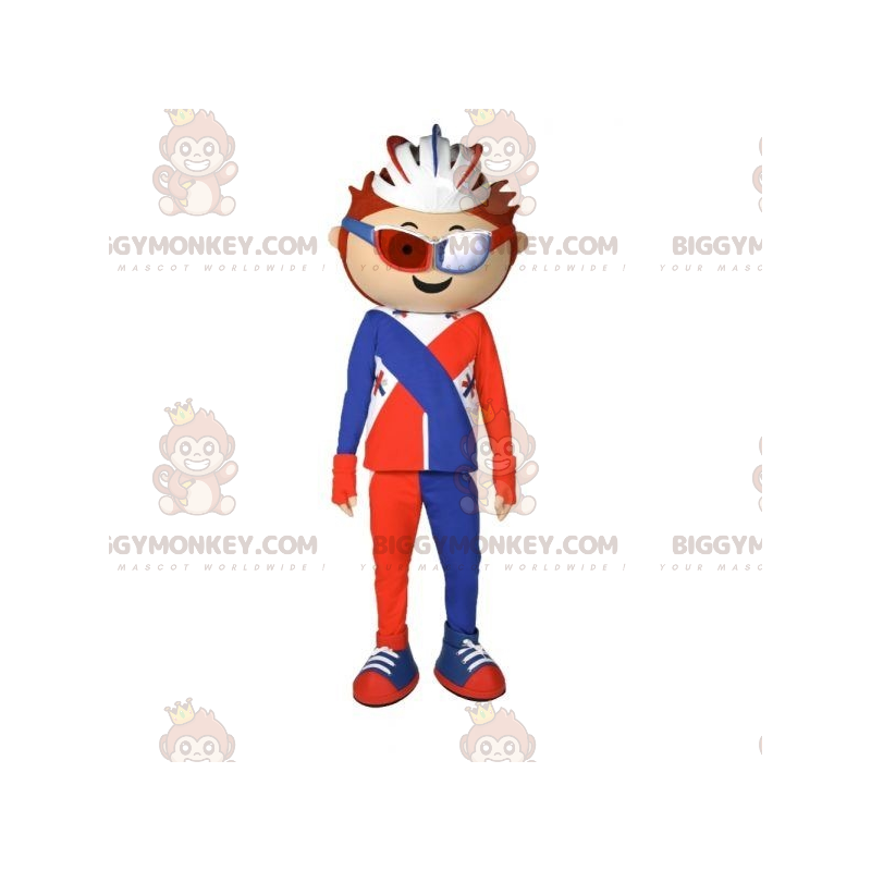 Bicyclist BIGGYMONKEY™ Mascot Costume Dressed Up in Orange Blue