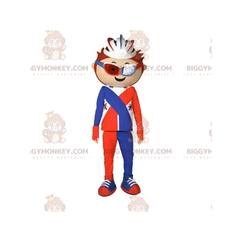 Kostým maskota cyklisty BIGGYMONKEY™ v oranžově modré a bílé –