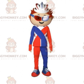 Στολή μασκότ ποδηλάτη BIGGYMONKEY™ ντυμένη σε πορτοκαλί μπλε