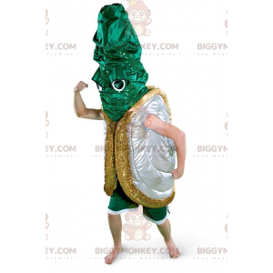 Kostým maskota BIGGYMONKEY™ ze stříbrno-zelené a zlaté mušle –