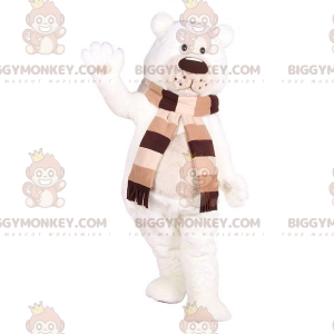 Costume de mascotte BIGGYMONKEY™ d'ours blanc avec une écharpe.
