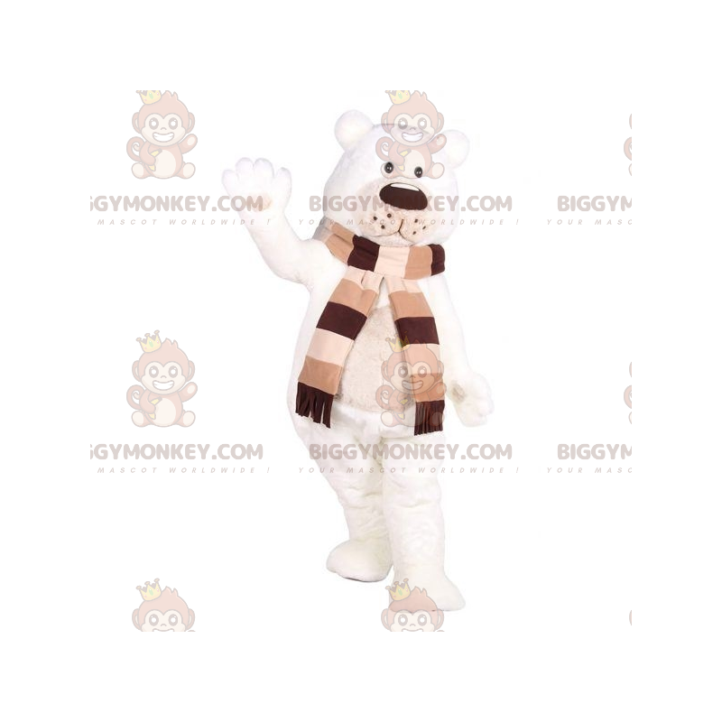 Polar bear BIGGYMONKEY™ mascot costume with scarf. Teddy bear -