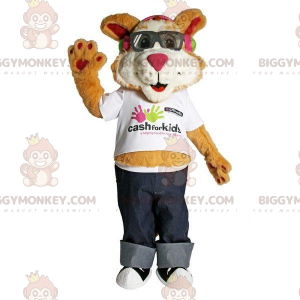 Braun-weiße Katze BIGGYMONKEY™ Maskottchen-Kostüm mit Brille -