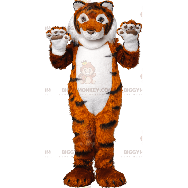 Mjuk och lurvig orange svartvit tiger BIGGYMONKEY™ maskotdräkt