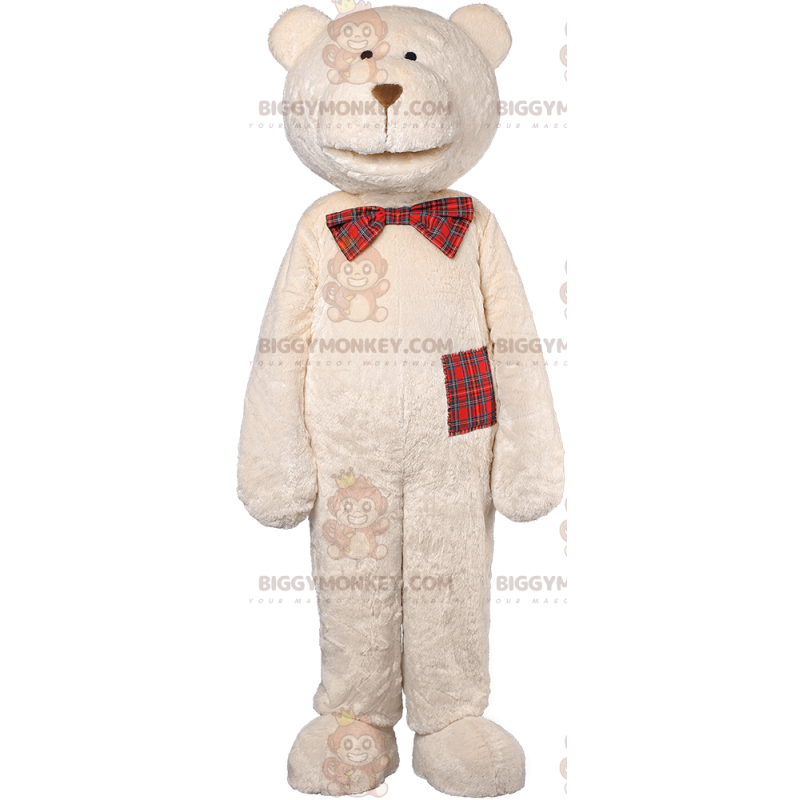 BIGGYMONKEY™ Mascot Costume Beige Teddy with Plaid Bow Tie -