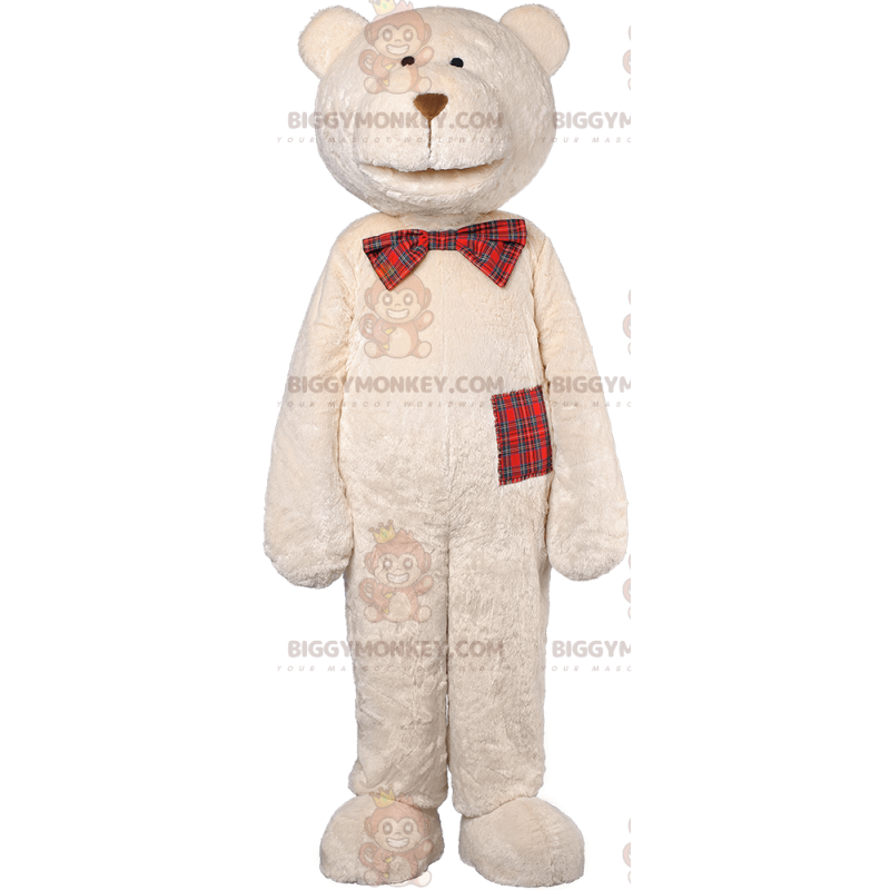 BIGGYMONKEY™ mascottekostuum beige teddy met geruite vlinderdas