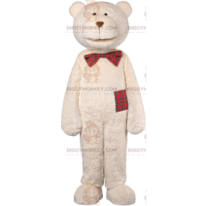 BIGGYMONKEY™ mascottekostuum beige teddy met geruite vlinderdas