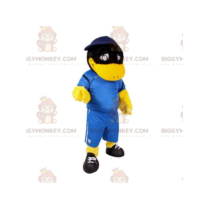 BIGGYMONKEY™ maskotkostume Sort og gul andefugl i sportstøj -