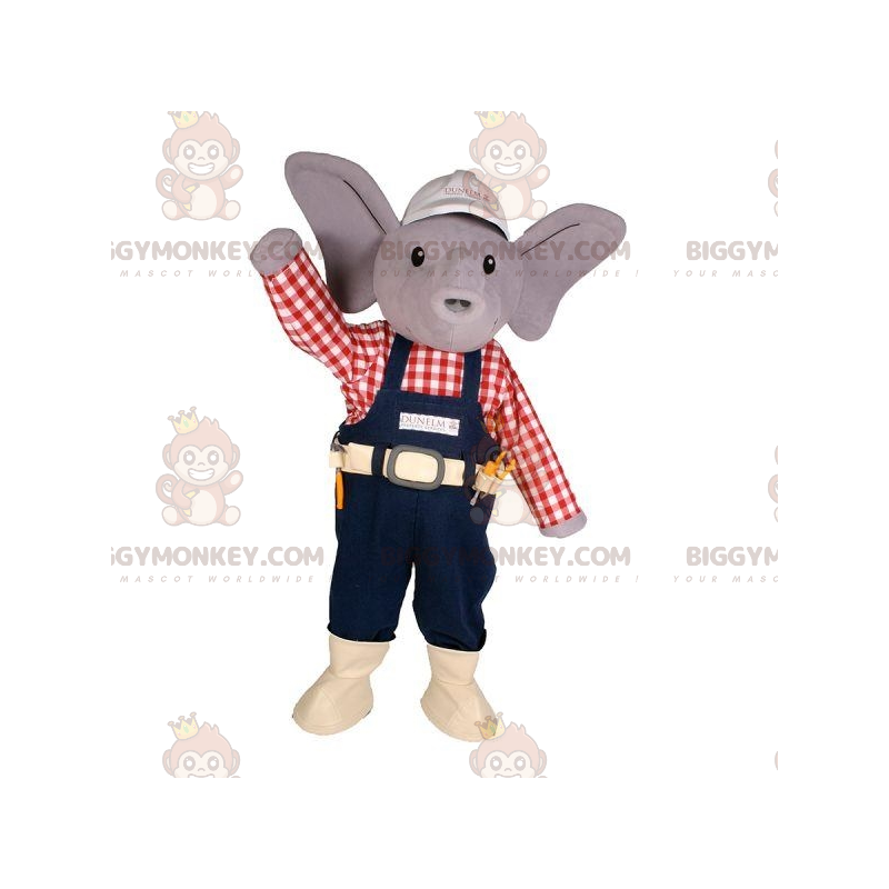 BIGGYMONKEY™ maskotkostume Grå elefant i arbejdstøj -