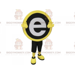 BIGGYMONKEY™ maskotdräkt rund svart gul och vit med bokstaven E