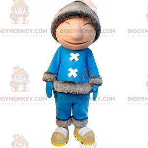 Traje de mascote esquimó BIGGYMONKEY™ com roupa azul e gorro