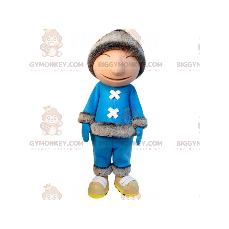 Eskimo BIGGYMONKEY™ maskotkostume med blåt outfit og stor hue -