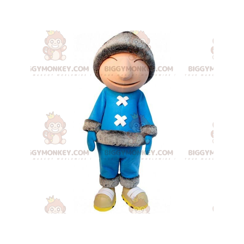 Traje de mascote esquimó BIGGYMONKEY™ com roupa azul e gorro