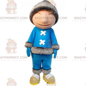 Eskimo BIGGYMONKEY™ maskotdräkt med blå outfit och stor mössa -