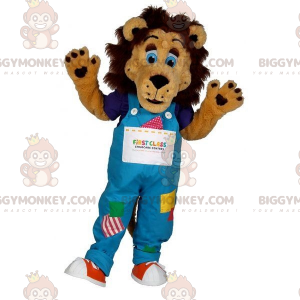 BIGGYMONKEY™ Brun lejonmaskotdräkt med färgglada overaller -