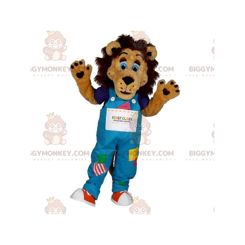 BIGGYMONKEY™ Brown Lion Mascot Costume With Colorful Overalls –